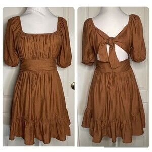 Altar'd State Brown / Burnt Orange Open Back Dress Women’s M Boho Puffer Sleeve